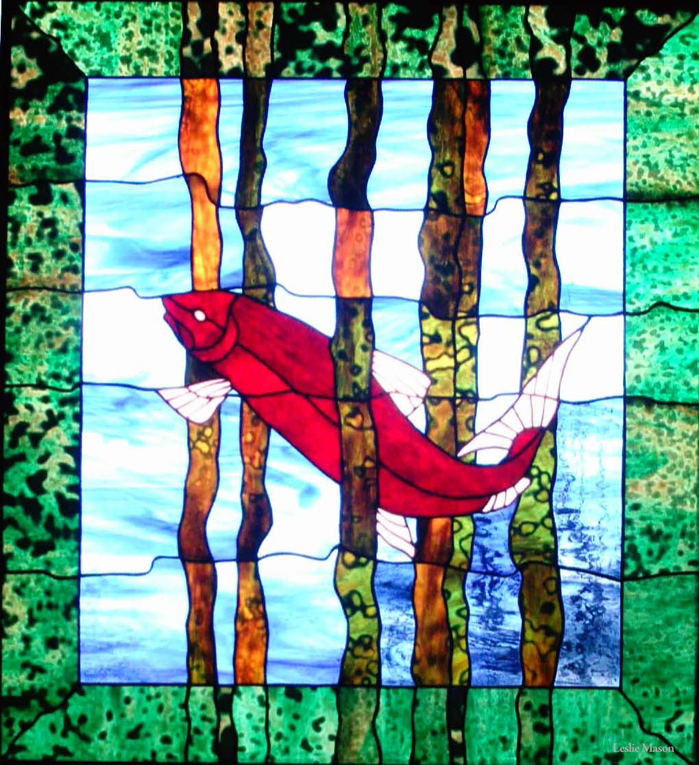 a salmon weaving through seaweed