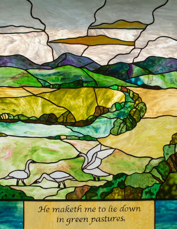 geese at the end of a river, 'He maketh me to lie down in green pastures'