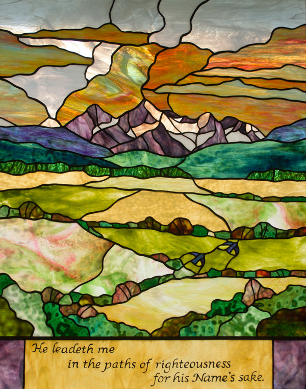 fields and mountains at sunset, 'He leadeth me in the paths of righteousness for his Name's sake'