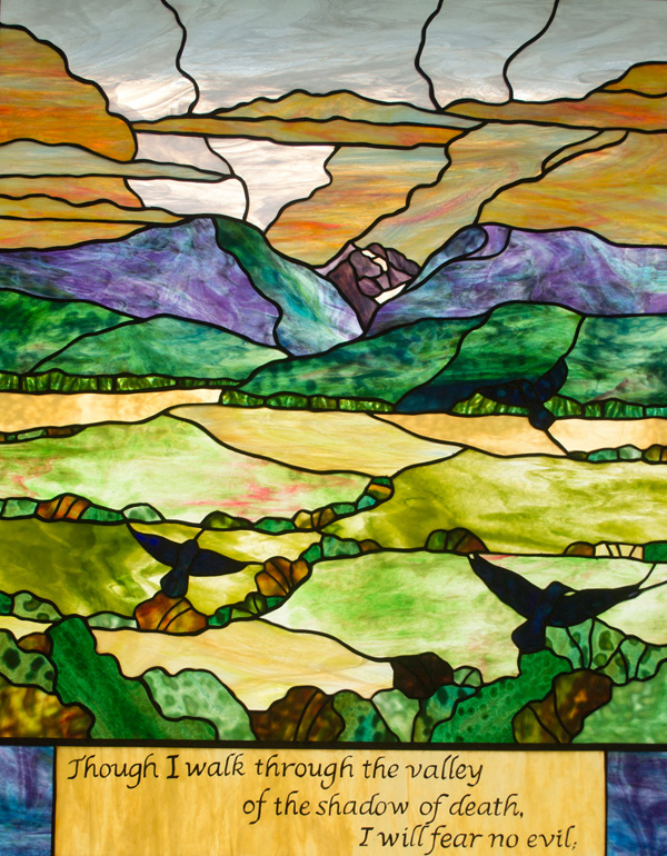 purple hills and crows in flight, 'Though I walk through the valley of the shadow of death, I fear no evil'