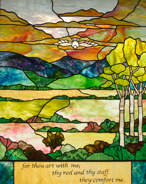 a dive flying towards the viewer and a birch tree, 'for thou art with me, thy rod and thy staff, they comfort me'