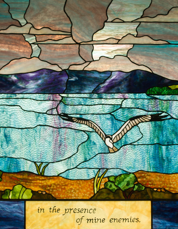 a albatross in flight in front of a bay, 'in the presence of mine enemies'